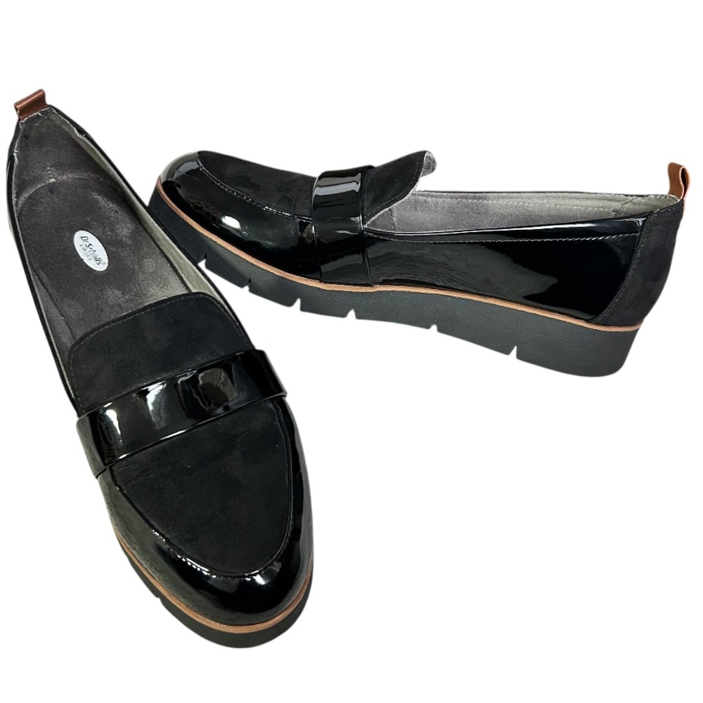 DR SCHOLL’S Women's Webster Loafer Black Suede Patent Vegan Leather Lug Sole 9M